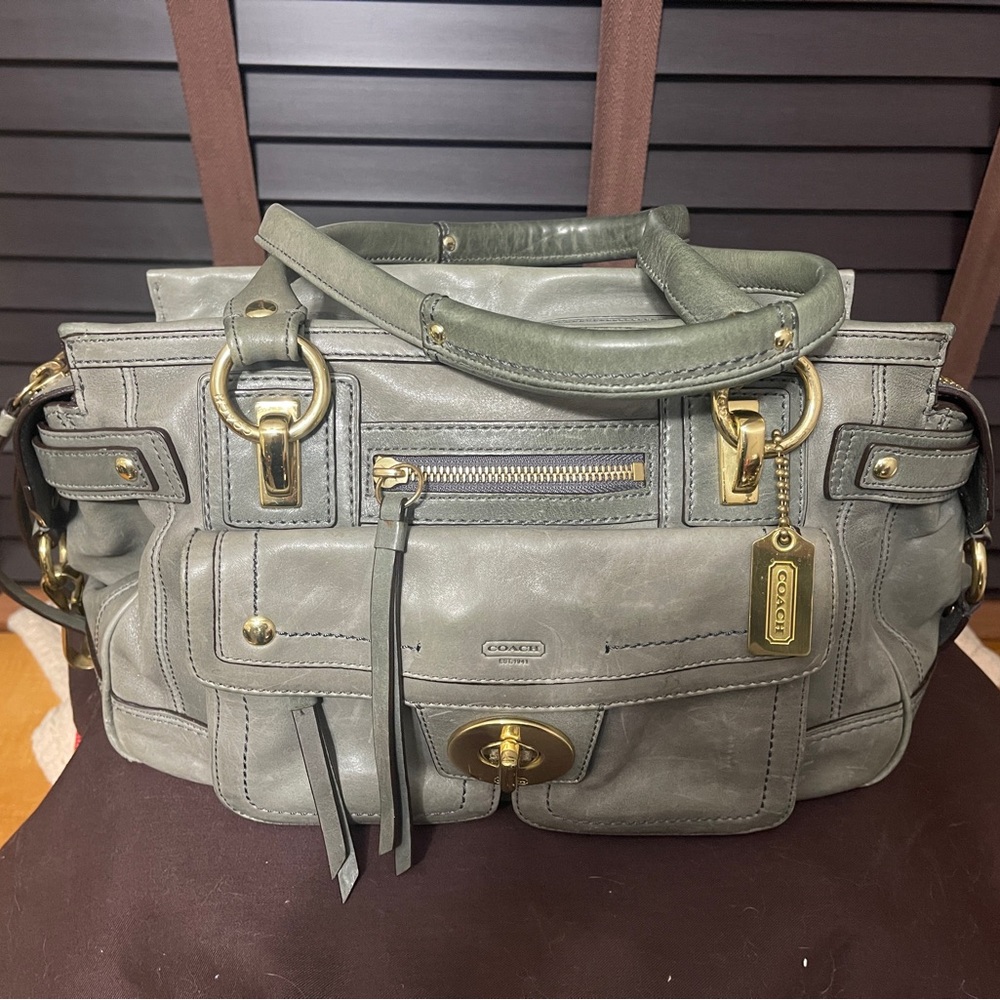 Coach Olive Green Leather Satchel with Gold Accents